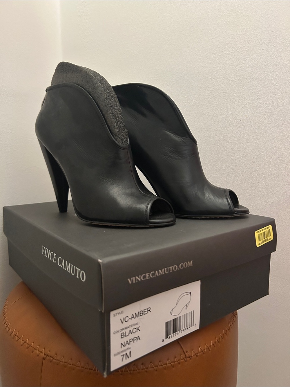Vince Camuto Black Peep-Toe Ankle Booties with Wool Cuff